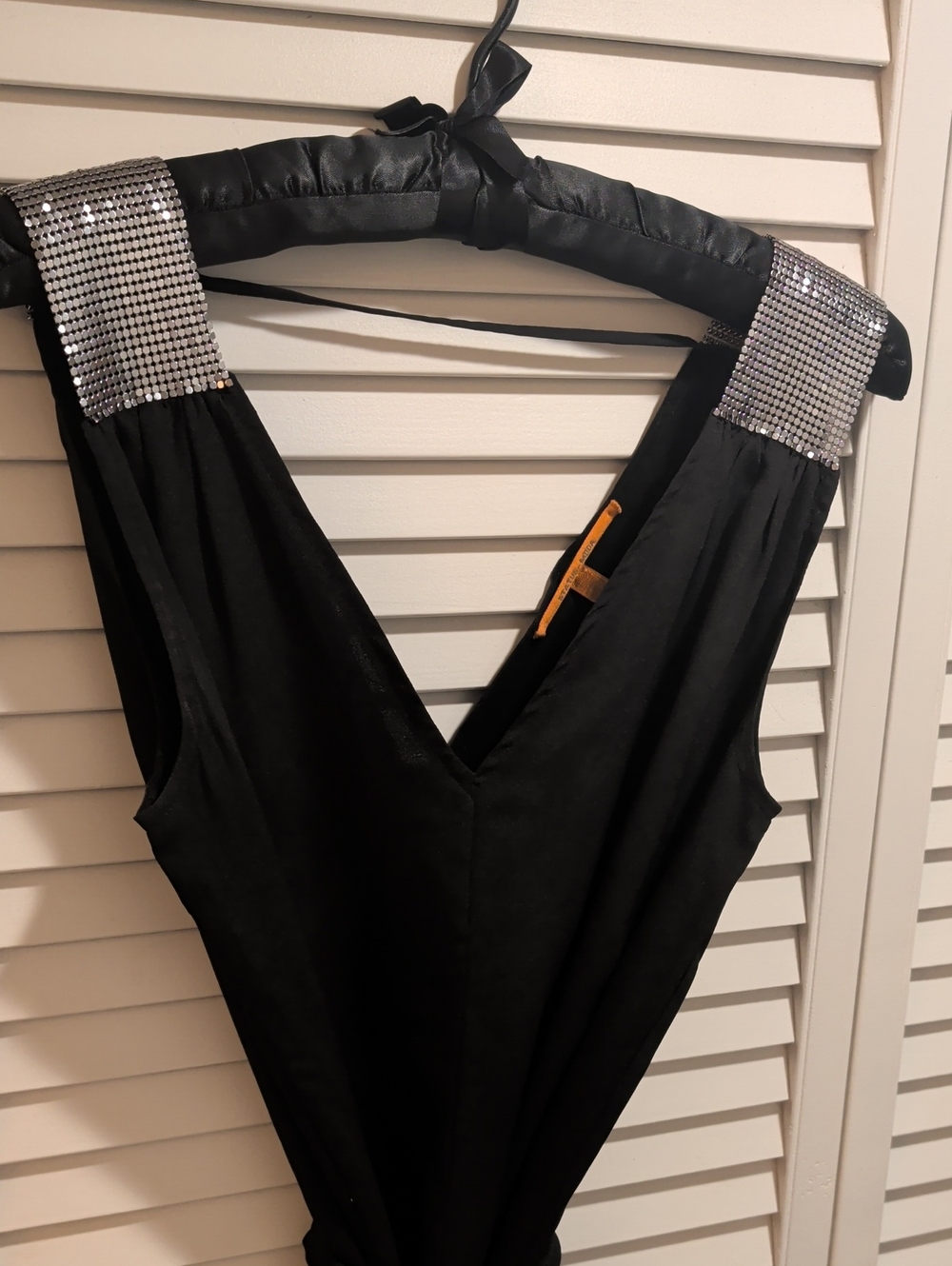 Black V-Neck Blouse with Embellished Silver Shoulder Straps